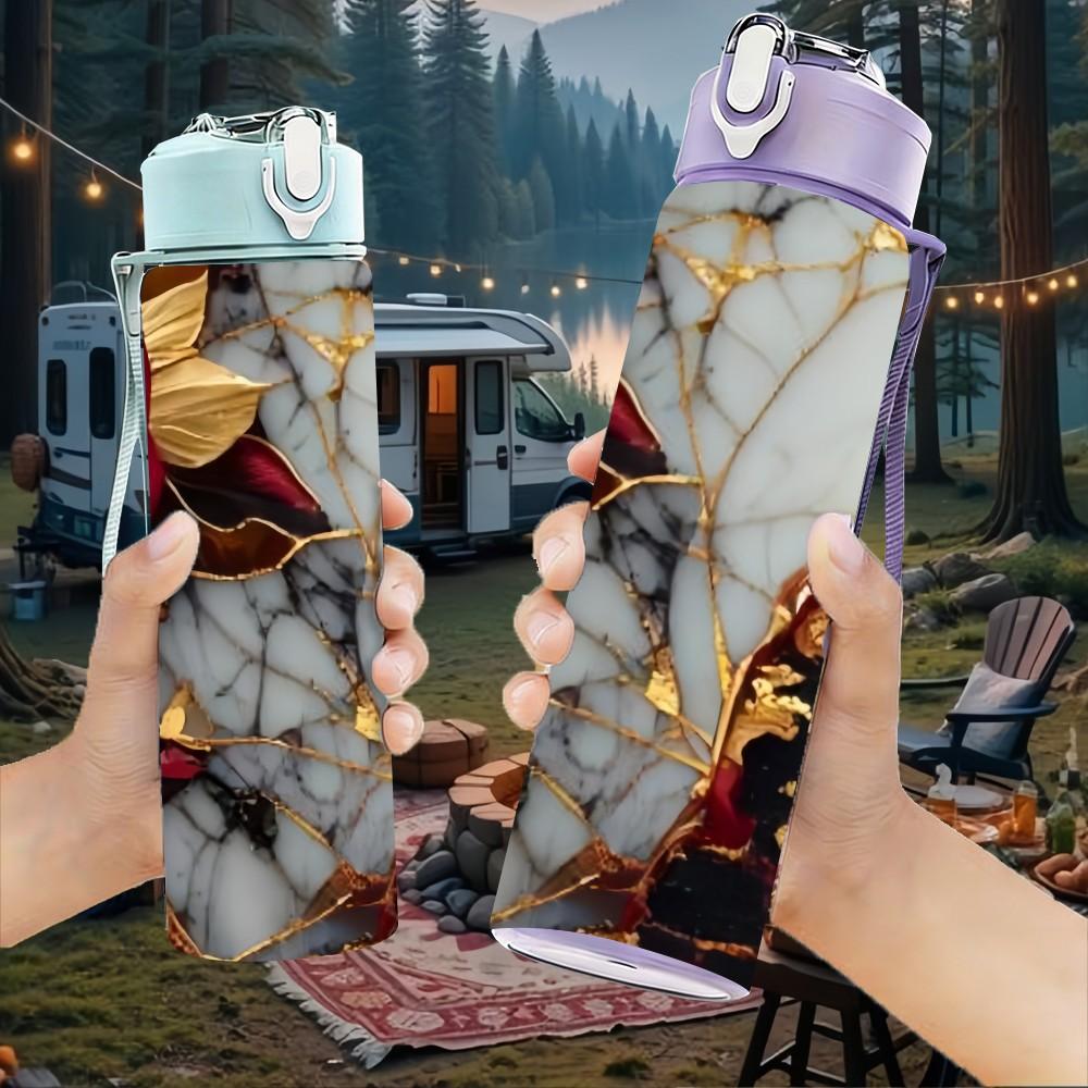1PC Red Black Gold Marble Pattern 750ml Color Plastic Sports Water Bottle Leakproof Flip Straw Lid Suitable for Sports Office Home Use
