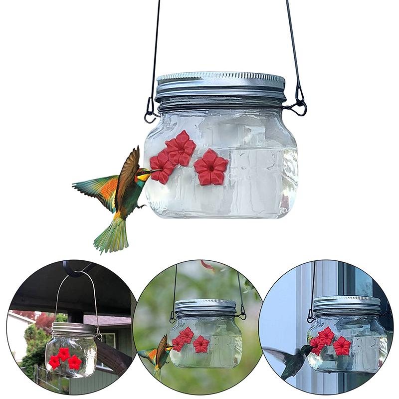Quadratisches Glasgefäß Kolibri-Futterspender Wildvogel-Tränke für Außenbereich Garten Hof Hängende Vogelfutterspender mit Roten Blumen