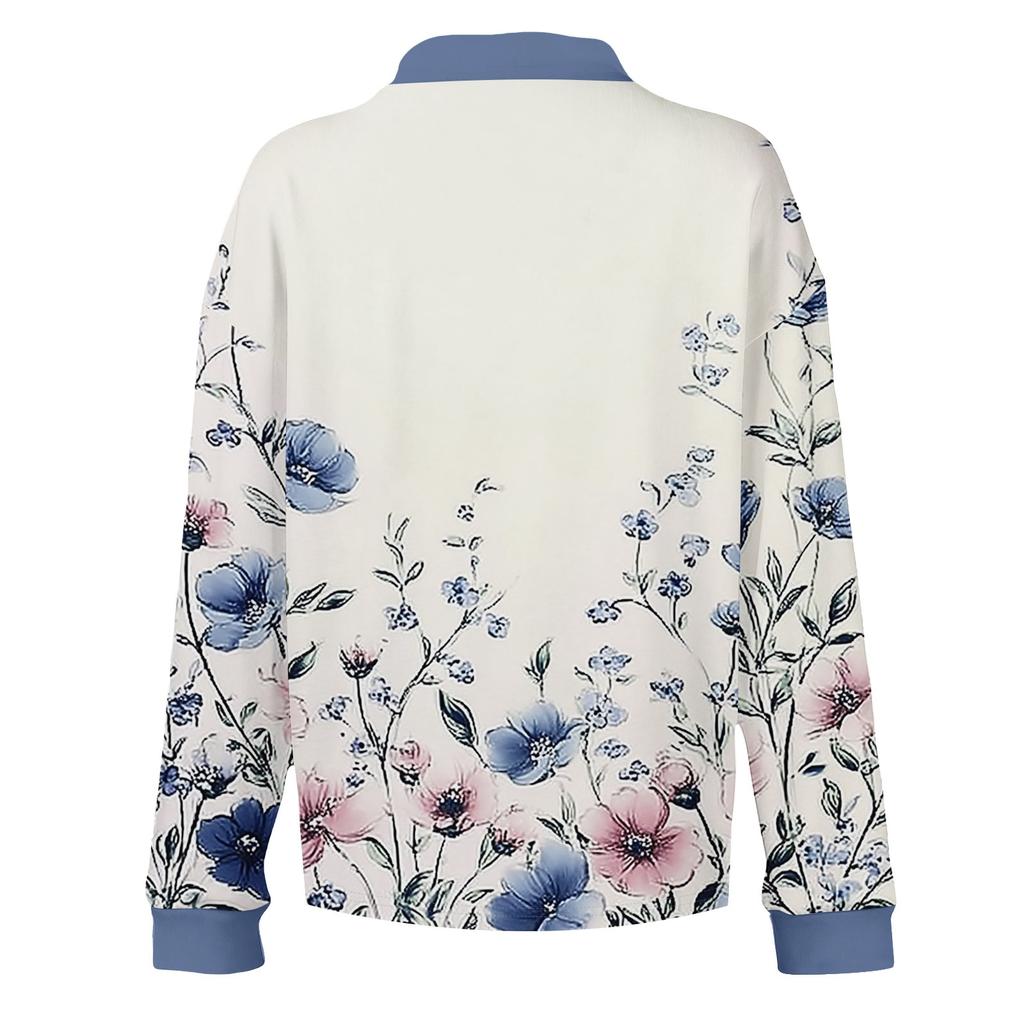 Damen Retro Street Lässiges V-Ausschnitt Langarm Knopf Floral Print Pullover Top