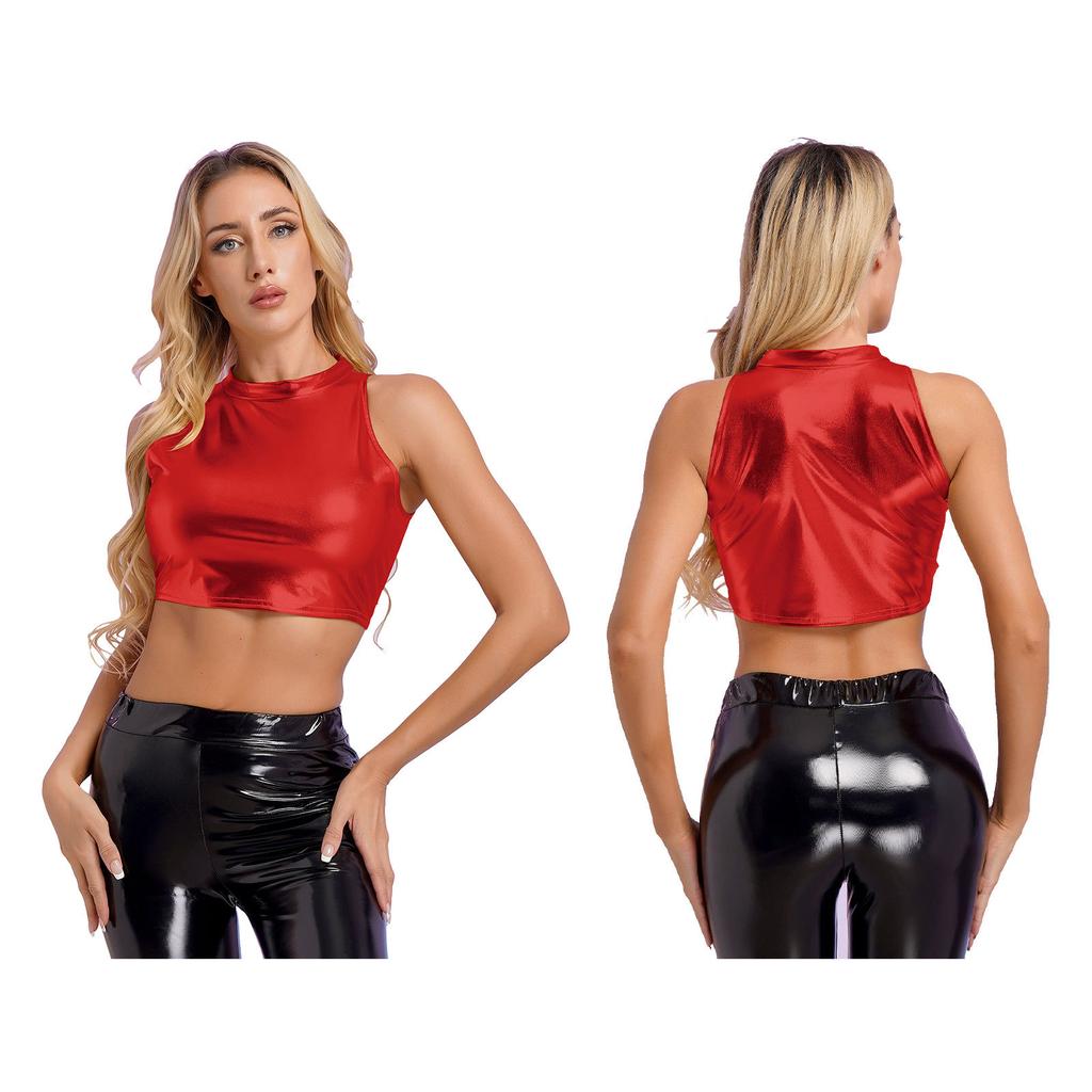 Womens Metallic Shiny Crop Tops Mock Neck Sleeveless Vest Stylish Slim Fitted Tank Top for Dance Nightclub Carnivals