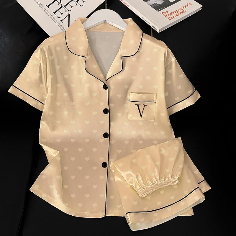 2025 Summer Pajamas for Women Fashion Short Sleeve Tops and Shorts 2 Piece Set Silk Sleepwear Elegant Heart Print Black Satin Pyjamas Young Girl
