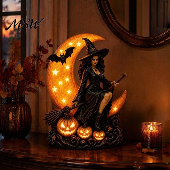 Spooky Halloween Party Supplies Witch Lamp, Gothic Crescent Moon LED Night Light, Resin Home Decor Decorative Table Lamp for Bedroom Bookshelf Unique