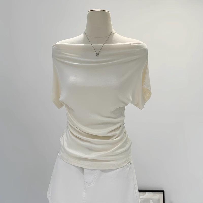 Women's French White Off-the-Shoulder Short-Sleeve T-Shirt - Unique Summer Style.