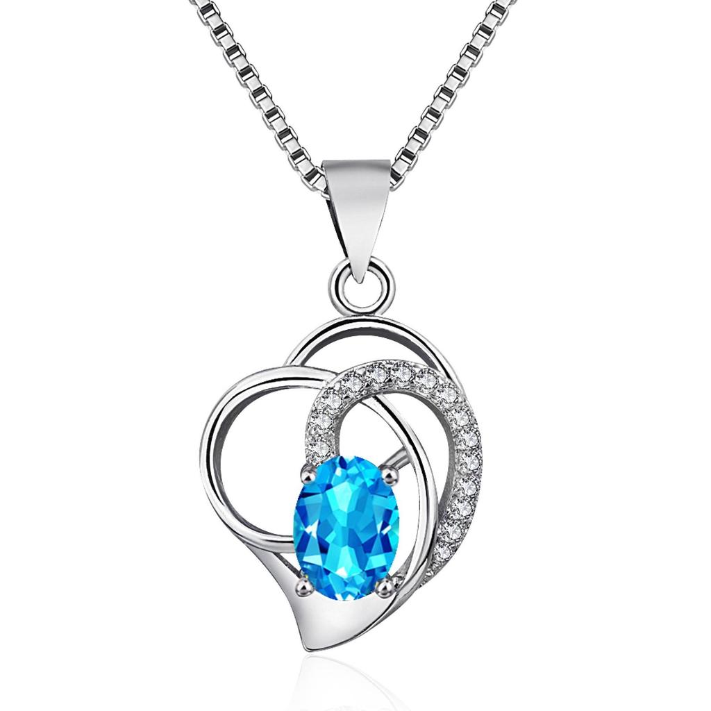 Mingchi Fashion Heart-shaped Blue Topaz Silver Necklace for Women - Simple Korean Clavicle Chain with Natural Crystal Gemstone