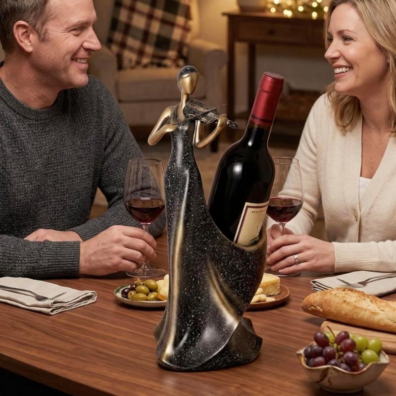 Violinist Wine Bottle Holders Countertop Display Stand, Decorative Resin Lady Statue Single Bottle Rack for Wine Cabinet Styling