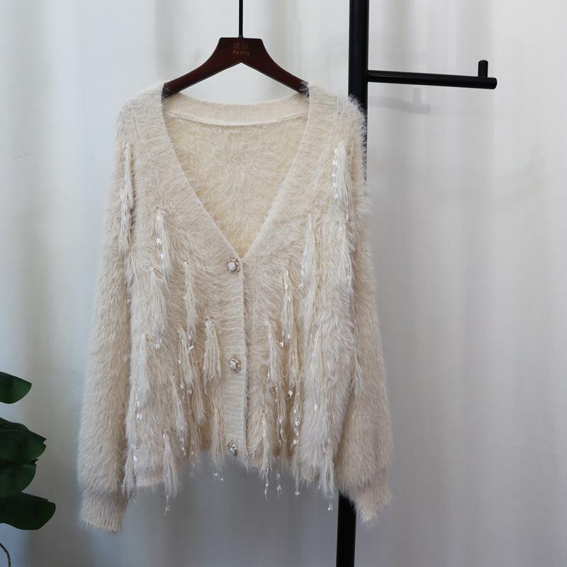 Tassel design imitation mink velvet knitted cardigan autumn and winter new soft waxy loose sweet sweater jacket women