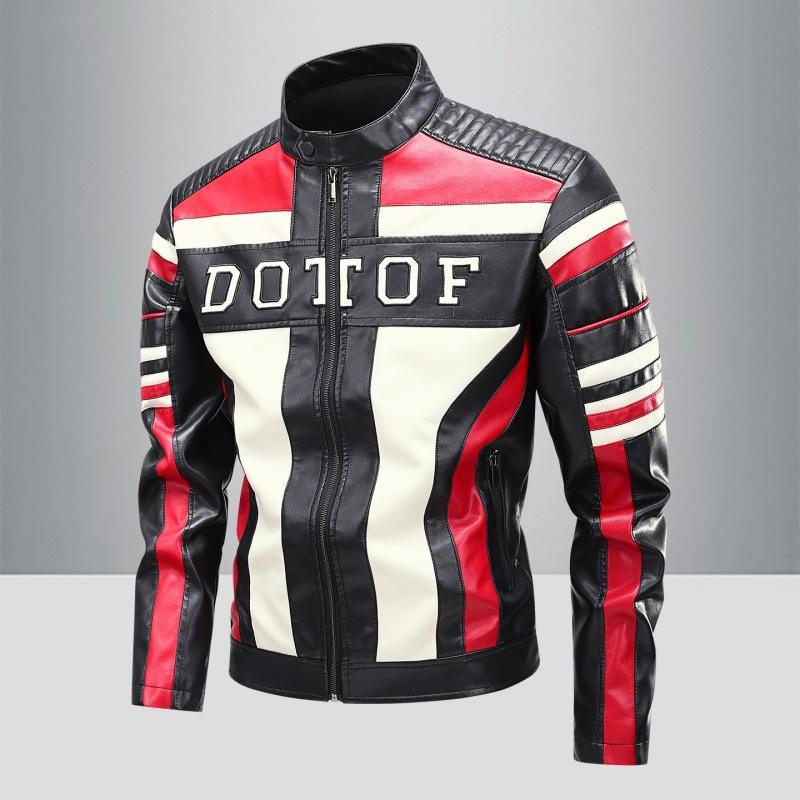 

New Style Cross-Border Stand-Up Collar Mens Leather Jacket Stitching Color Slim Fit Mens Leather Motorcycle Racing Suit Modified Car Suit Outerwear L чёрный