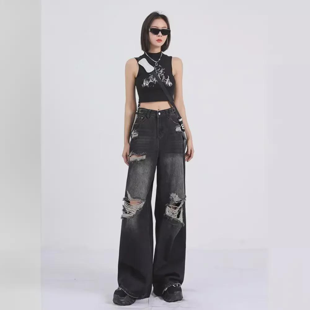 Women's Trendy Black Ripped Wide-Leg Jeans - Summer Style