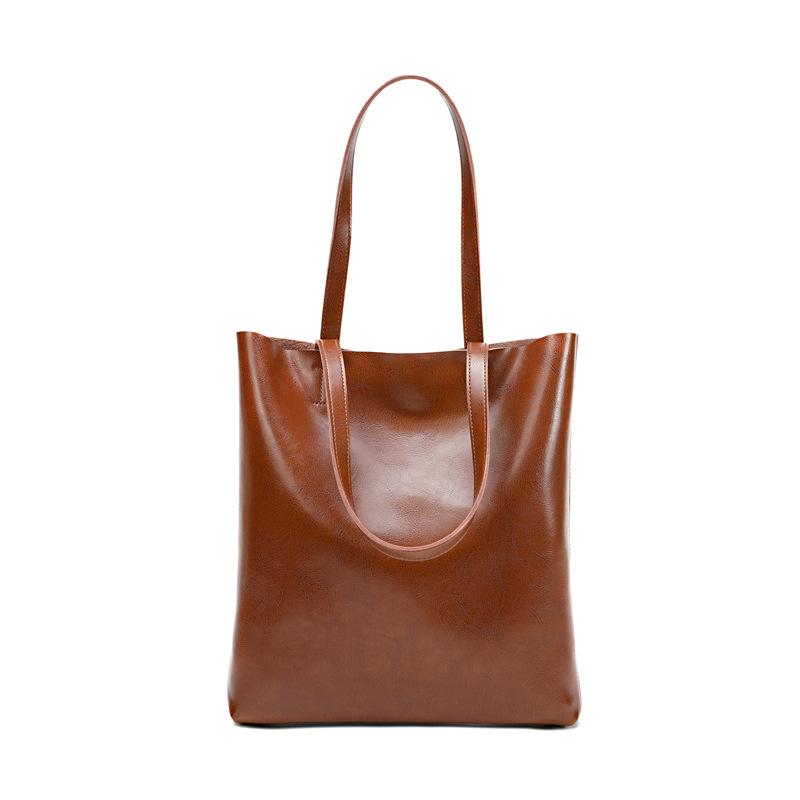 Retro large-capacity oil wax cowhide vertical shoulder tote bag, leather versatile high-end sense portable briefcase women
