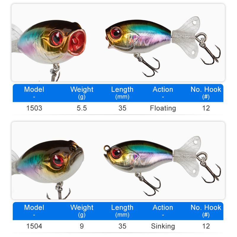 Kingdom GOLDPOP Fishing Lures 35mm 5.5g/9g Floating & Sinking Pencil Popper Hard Bait Soft Rotating Tail Topwater Wobblers Baits