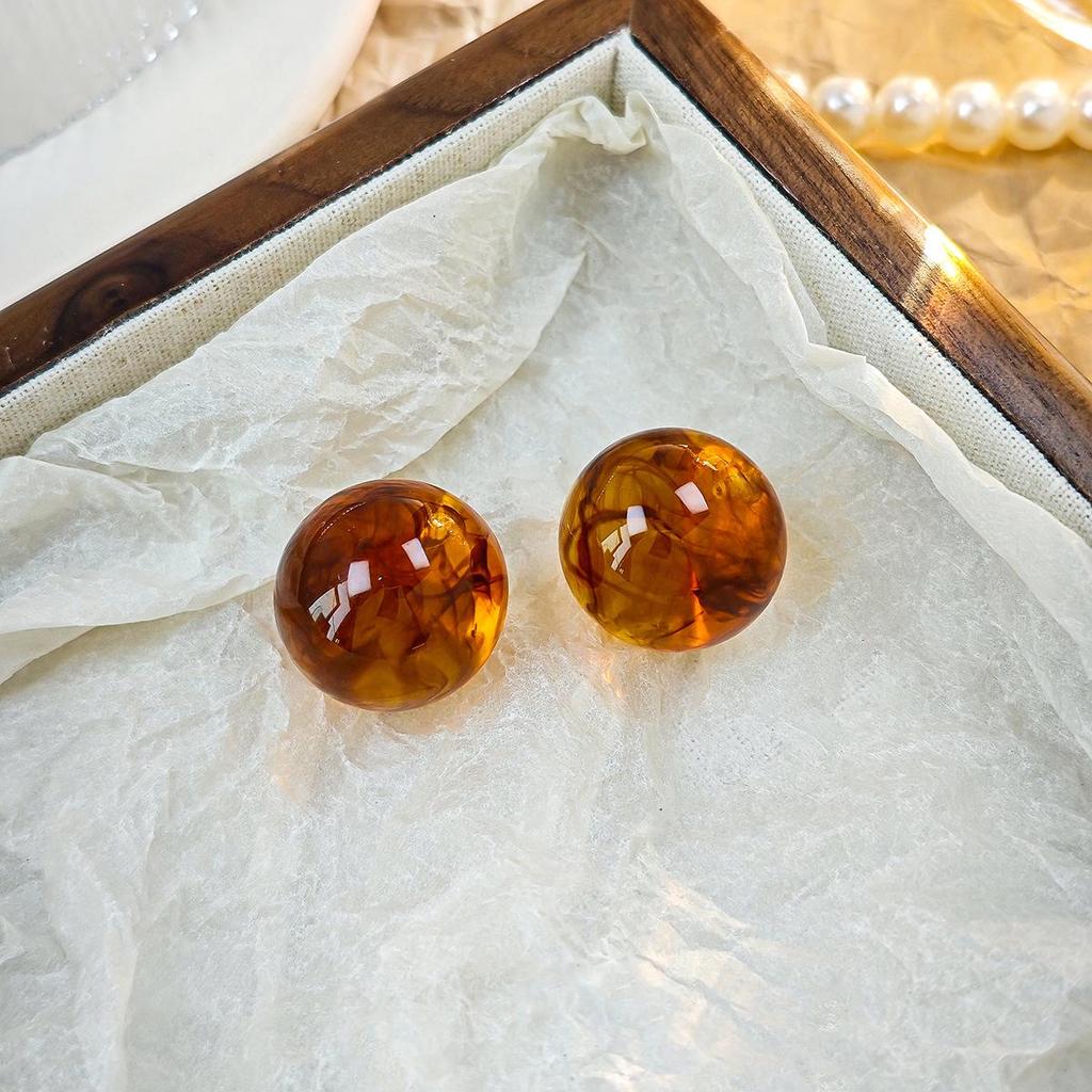 Retro Silver Geometric Amber Resin Stud Earrings