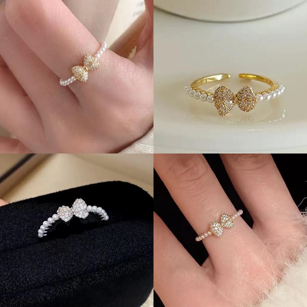 Versatile Butterfly Clasp Pearl Ring with Zirconia Bow – Elegant Jewelry for Women