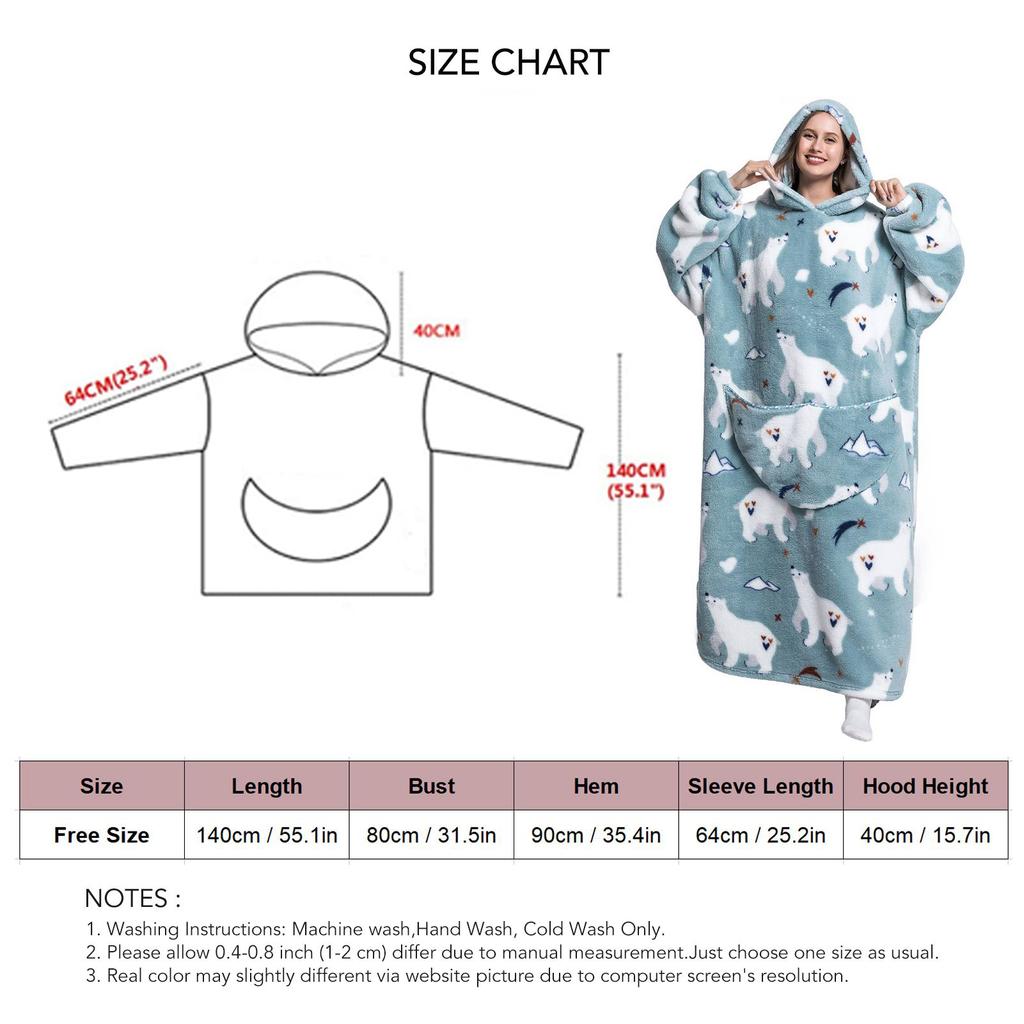 Wearable Blanket Women Home Soft Flannel Casual Print Oversized Hoodie Sweatshirt with Pocket for