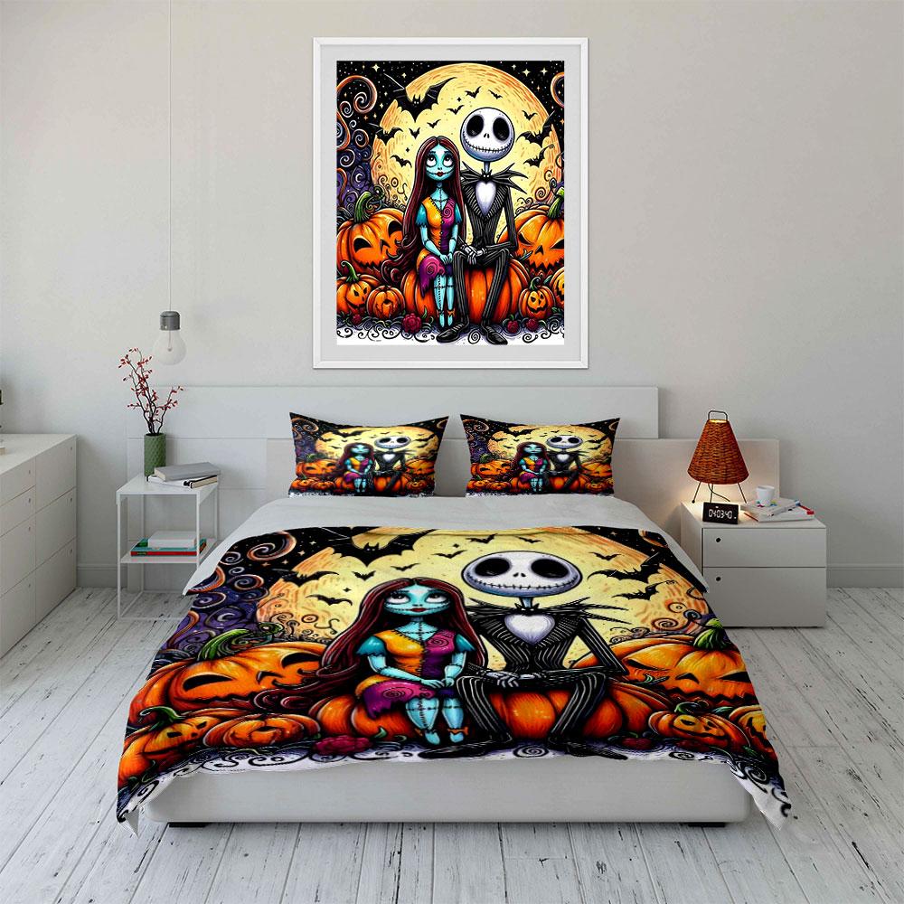 Halloween Couple with Pumpkins Bedding Duvet Cover Set Duvet Cover Pillowcases (1*Duvet Cover 2*Pillowcases, Without Duvet Insert)