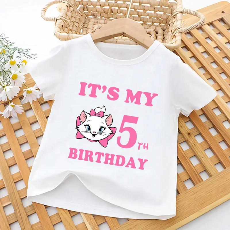 Cute Marie Cat Print Kawaii Kids T Shirt It's My 1 2 3 4 5 6 7 8 9 Years Birthday Baby Girls Clothes White Children Boys T-Shirt