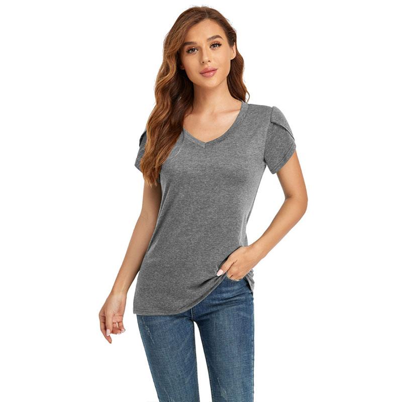Sommer Damen T-Shirt Einfarbig V-Ausschnitt Kurzarm Locker Lässiges Oberteil
