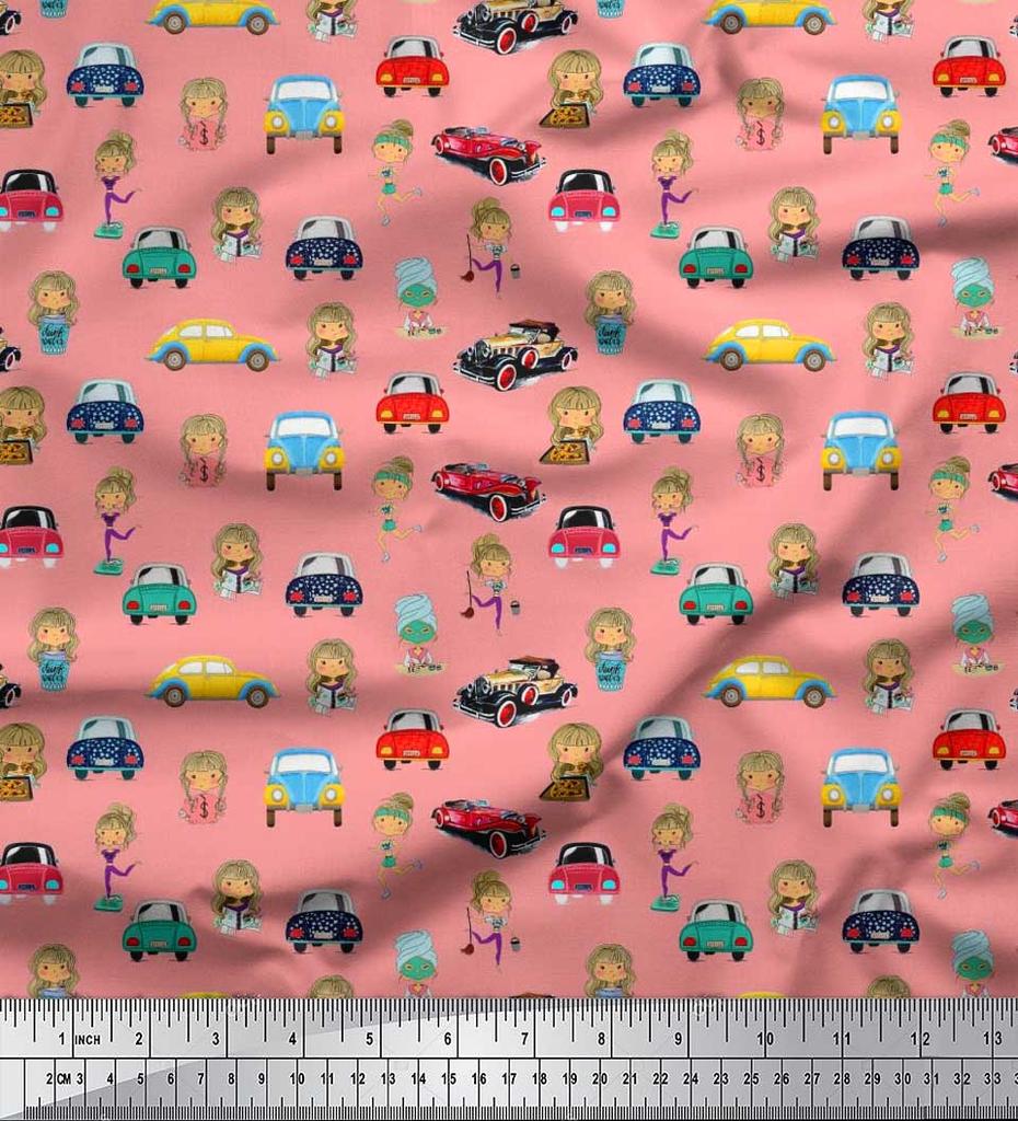 Soimoi Japan Crepe Satin Fabric Cartoon Girl & Car Transport Print Fabric by the Metre 42 Inch
