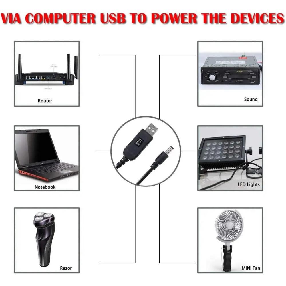 5.5*2.1mm WiFi to Powerbank Cable Connector DC 5V to 12V USB Cable Boost Converter Step-up Cord for Wifi Router Modem Fan