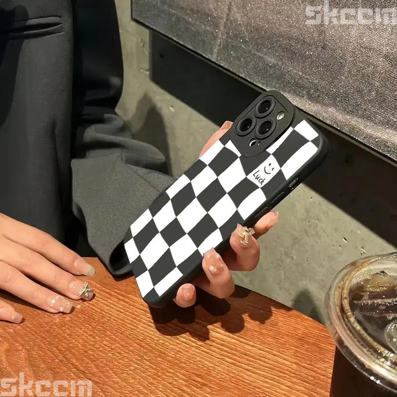 White Grid Smiling Face Print Phone Case For iPhone 16 15 14 13 12 11 Pro Max Mini 7 8 Plus X XR XS Matte Shockproof Soft Cover