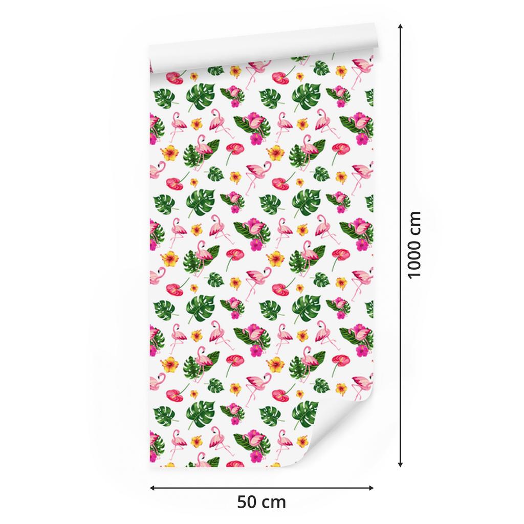 Flamingos wallpaper white, powder pink, green and cream 50x1000