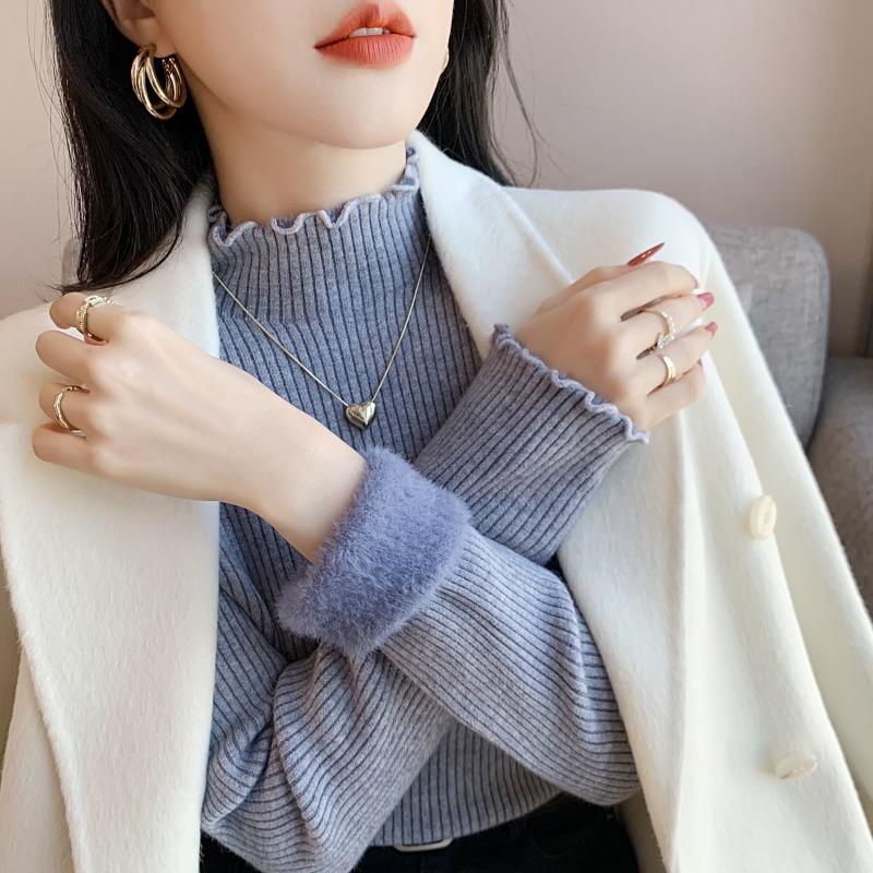 Semi-turtleneck Fungus Edge Top Women's Autumn and Winter Thickened Warm Integrated Fleece Pit Strip Knitted Sweater with Bottoming Shirt