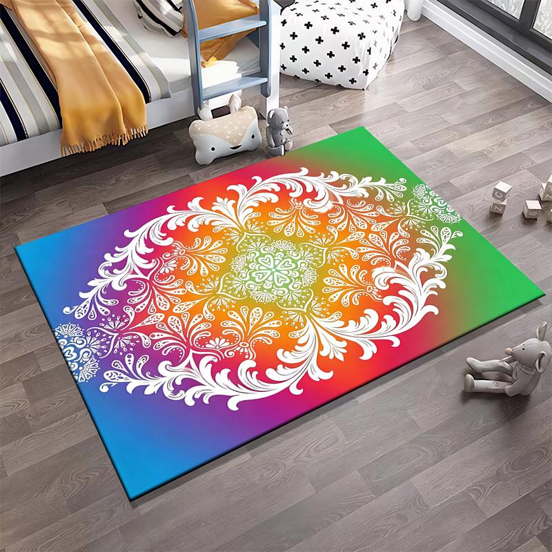 Rainbow Gradient Carpet with White Mandala Floral Pattern, Home Decor Suitable for use as an anti-slip for living room bedroom sofas