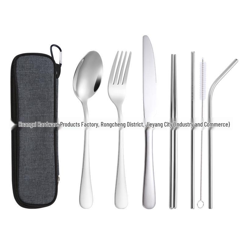 Stainless Steel Outdoor Travel Cutlery Set: Knife, Fork, Spoon, Straw, Chopsticks with Storage Bag