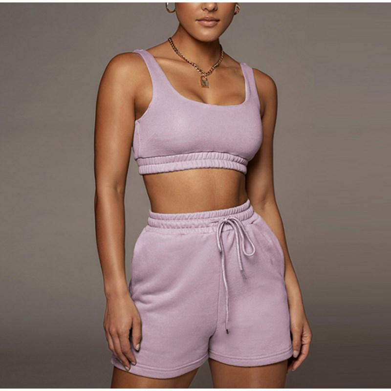 

Summer 2021 High-Waisted Lace-Up Shorts & Vest Fashion Set for Women Large світло-фіолетового кольору