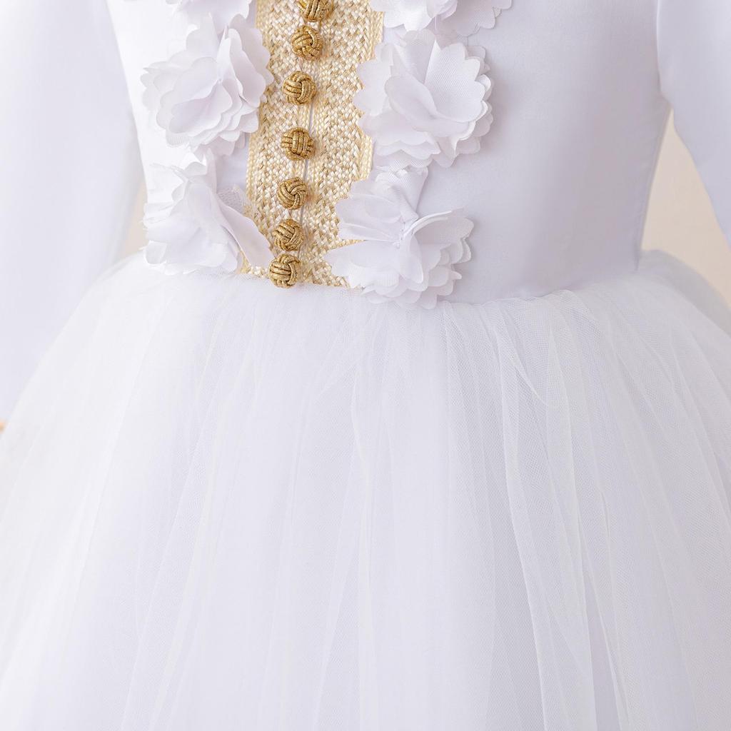 Bílé šaty s dlouhým rukávem ve stylu blízkovýchodní róby s 3D květinami a pleteným páskem pro roční holčičky