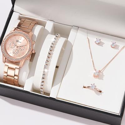 6 pezzi set orologio di lusso da donna anello collana orecchini strass moda orologio da polso femminile casual orologi da donna braccialetto orologio set