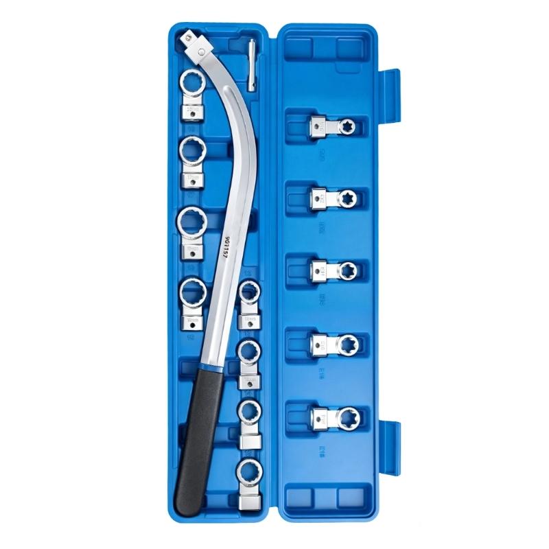 Engine Pulley Wrench Tool with Curved Handle, 45 Steel 12-Point Heads and Positioning Pin for Tensioner Service