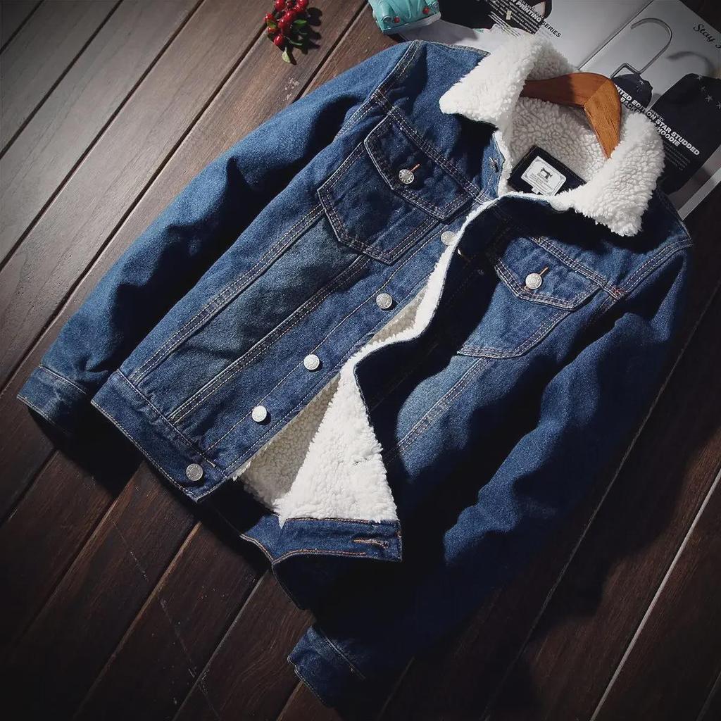 Giacca da Uomo Invernale di Tendenza in Denim di Agnello con Fodera in Velluto - Vestibilità Ampia, Caldo Cappotto di Cotone per Coppie.