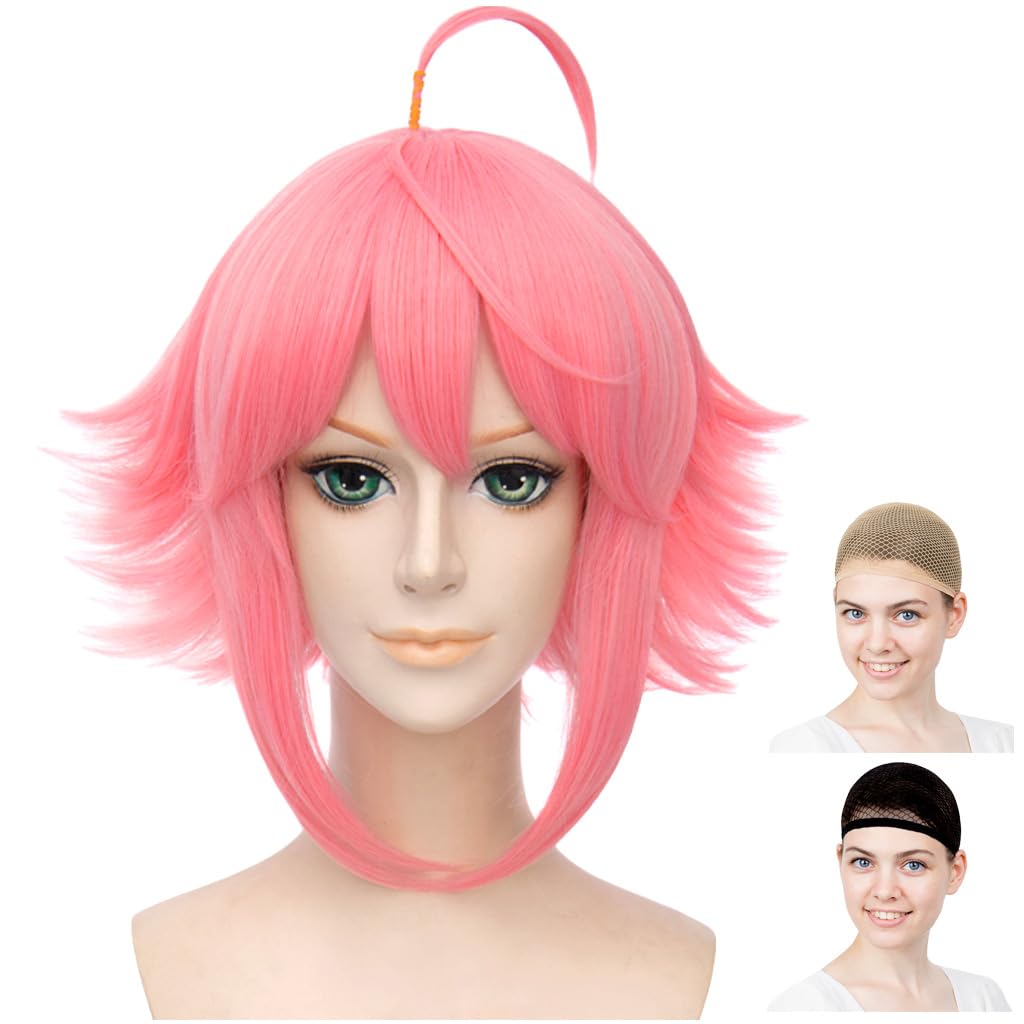 

Парик для косплея CaseEden, Короткий, Ахоге, Термостойкий, Розовый, Включает 2 сетки для парика