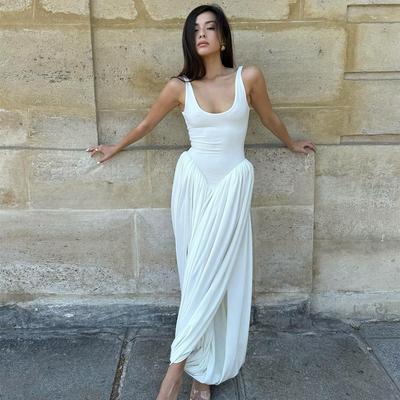Sexy Backless Beach Vacation Dress For Women Summer Sleeveless High Waist Patchwork Dresses Femme Party Fashion Side Slit Slim Pleated Evening Dress