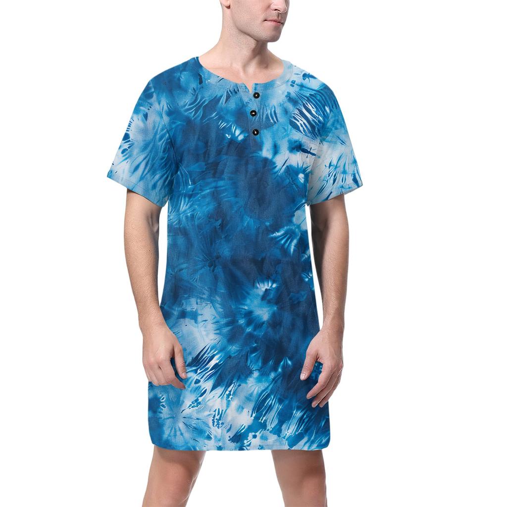 Ανδρικές πιτζάμες μόδας από βαμβάκι με κοντό μανίκι και γιακά με κουμπιά, μακριά, χαλαρά ρούχα για το σπίτι