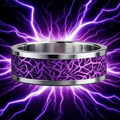 Anillo de Acero Inoxidable Rayo Morado con Patrón de Fibra - Regalo Conmemorativo de Alta Calidad