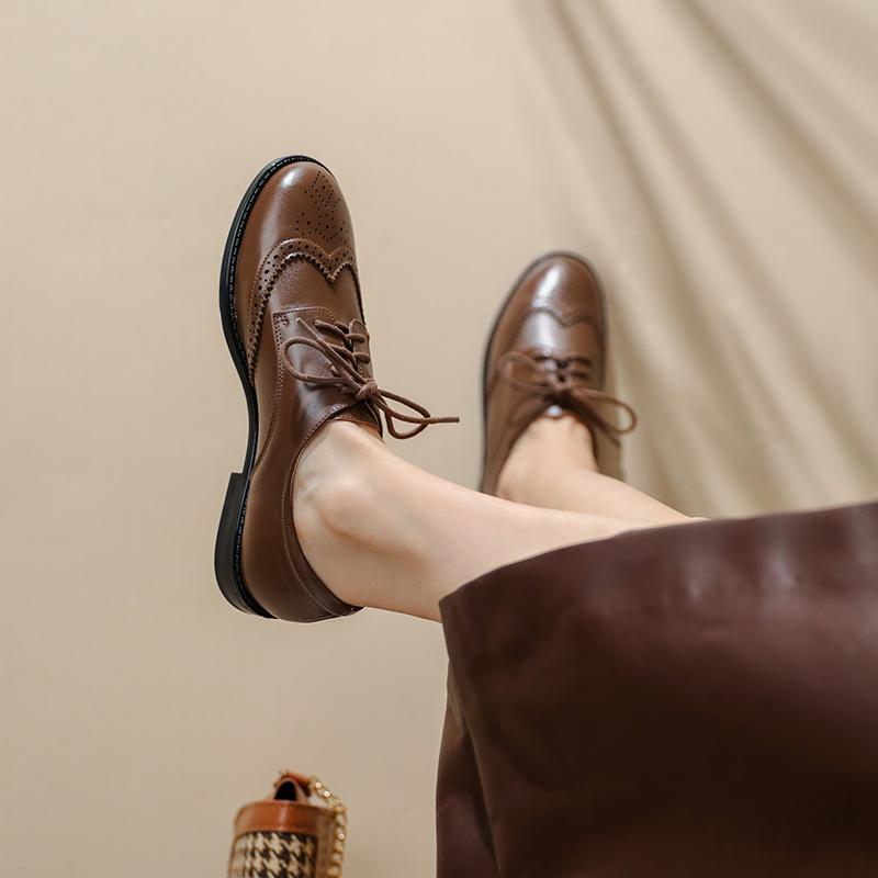 Fashion New Spring 2024 Genuine Leather Loafers Oxford Low Heel Women Shoes Retro Round Toe Pumps Block Leather Shoes Retro Ladies Shoes