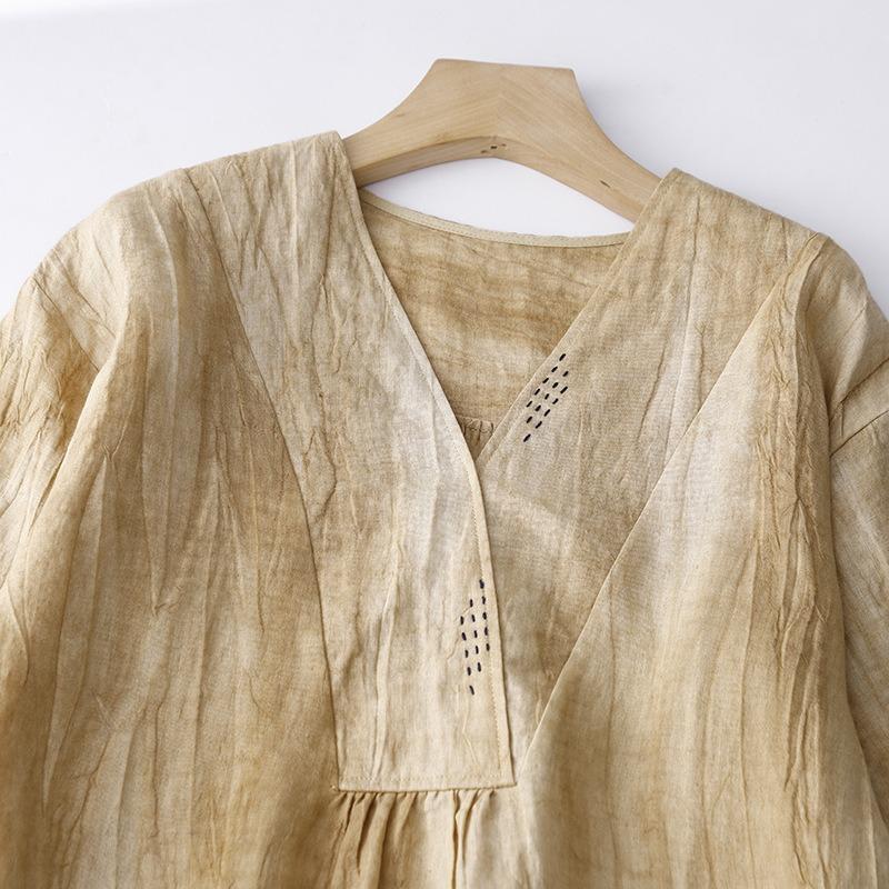 Real Shot Summer New Cotton and Linen Literary and Retro Medium and Long Short-sleeved Dress Women