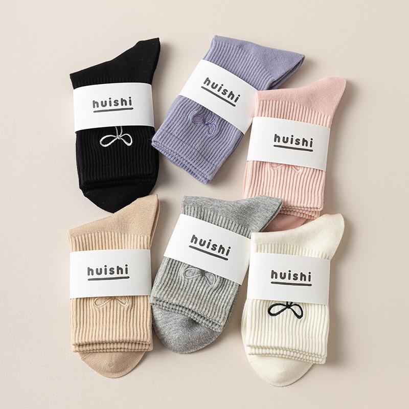 Bowknot Socks, Women's Mid-calf Socks, Solid Color Cotton Socks for Autumn and Winter, Ballet-style Sweat-absorbing and Odor-proof Women's Socks