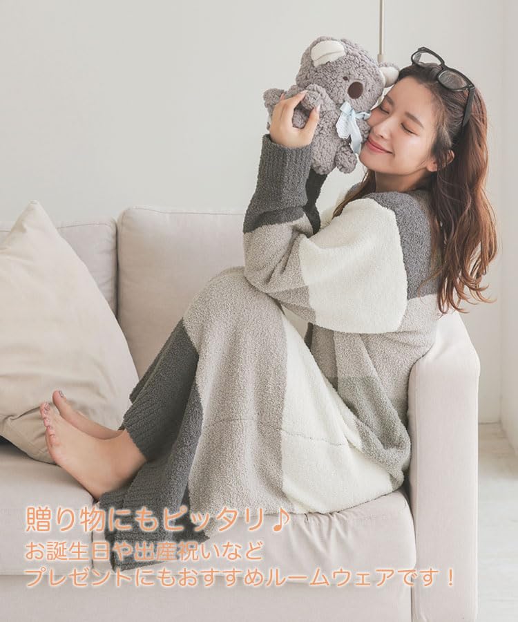 Fluffy Striped Loungewear Dress for Cute and Adult Long Sleeve Relaxing Loose Fit Korean Long Charcoal [DONOBAN] Women, Pajamas, Loungewear, Wear,
