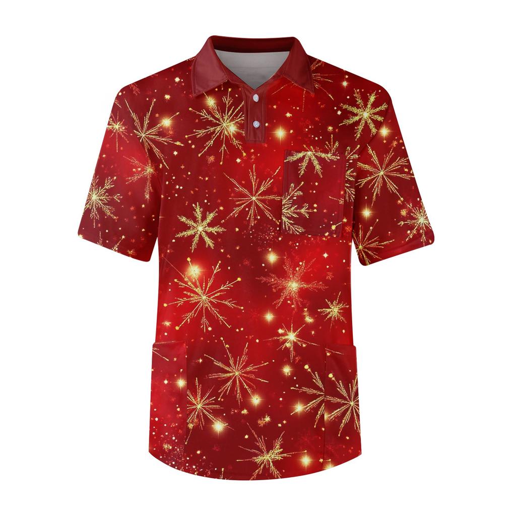 Men's Short Sleeve Button Lapel Christmas Prints Chest Pocket Dry-nurse Top