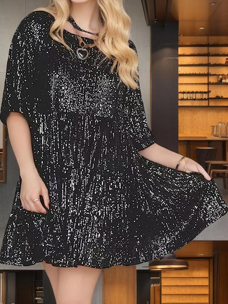 New Style Fashion Crew Neck Loose Waist Short Sleeve Mini Dress Sequined Evening Gown