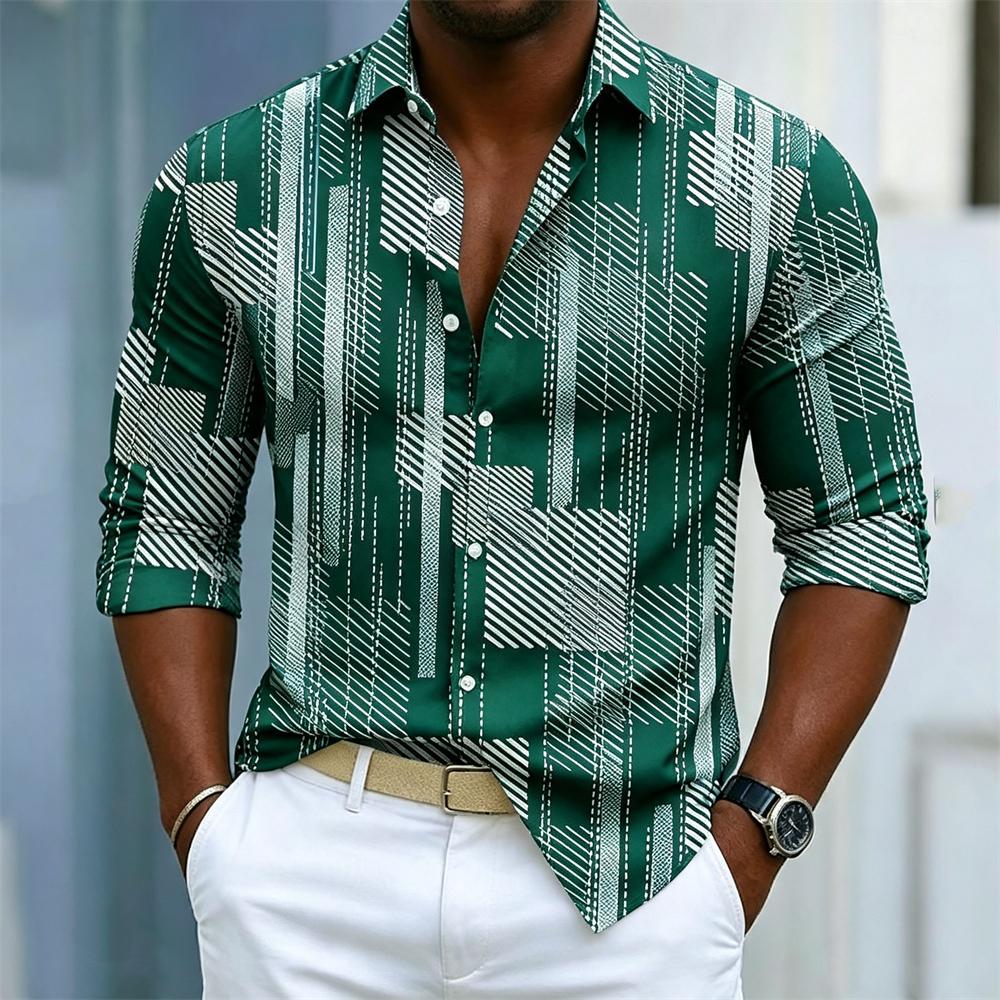 Men's Long Sleeve Shirt Casual Geometric Stripe Print Lapel Collar Daily Vacation Business Fashion Slim Fit Mens Dress Shirts