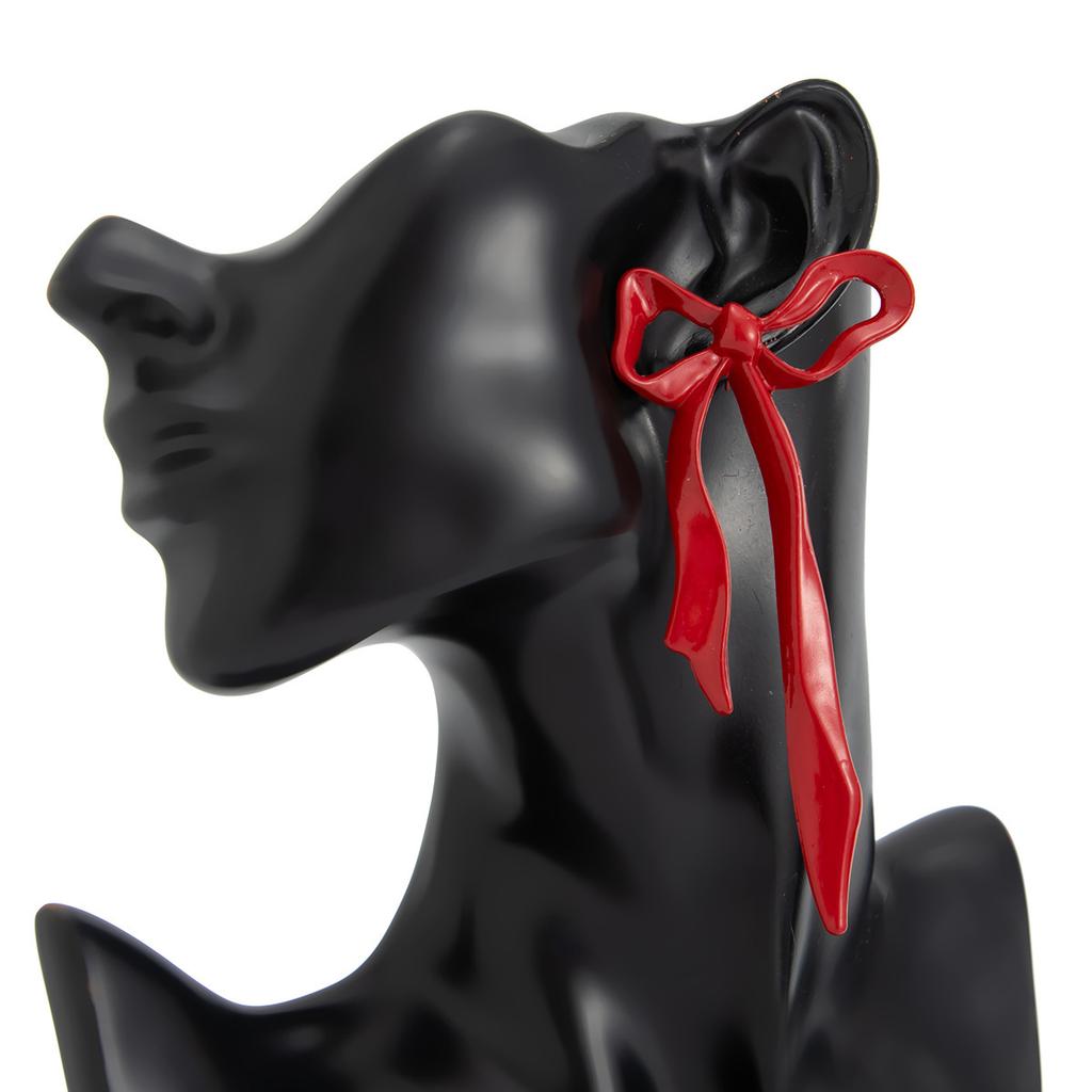 Retro Słodki i Fajny Styl Metalowe Czerwone Kolczyki Sztyfty z Kokardką Damskie, Czucie Designu Trójwymiarowy Kwiat Drip Oil Długie Kolczyki