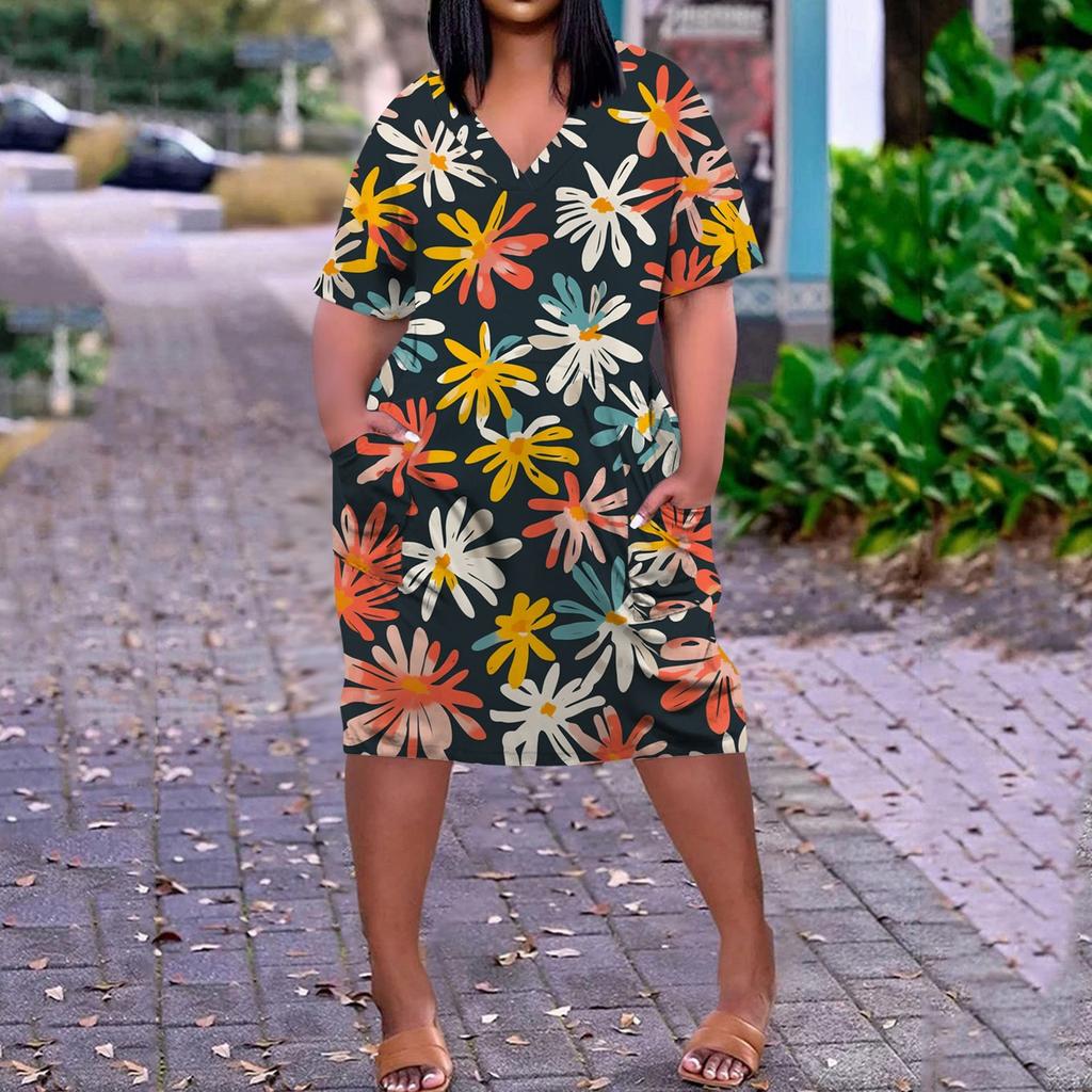 Summer Plus Size V Neck Short Sleeve Knee Pocket  Print Casual Dress For Women