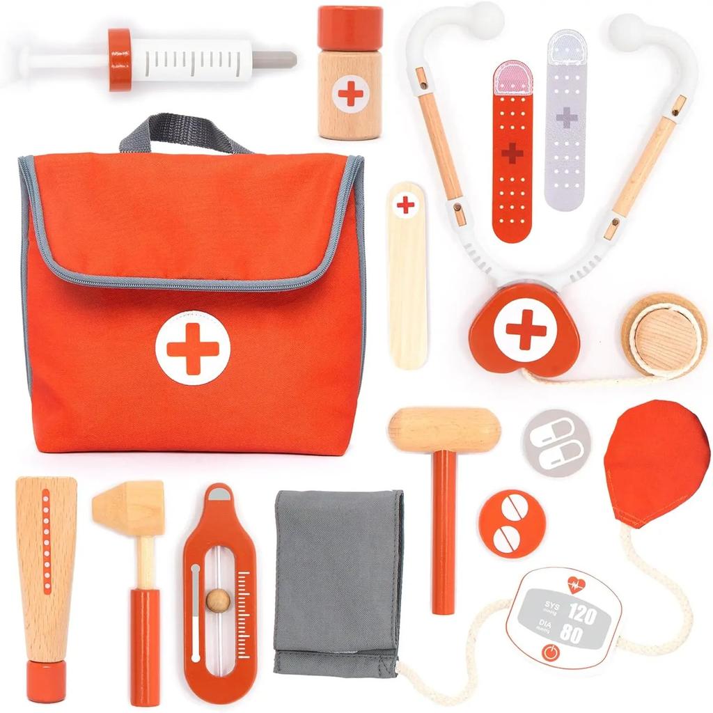 Wooden Pretend Play Red Doctor's Kit Educational Toys for Children Medical Simulation Medicine Chest Set for Kids Role Playing
