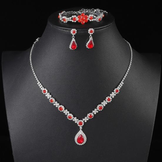 3Pcs/Set Necklace Earrings Bangle Set Shiny Rhinestones Waterdrop Flower Shape Adjustable Necklace Bracelet Dangle Earrings Set