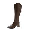 French temperament V pointed head medium heel women's rear zipper high boots knight boots imitation leather thin thick heel mouth high tube