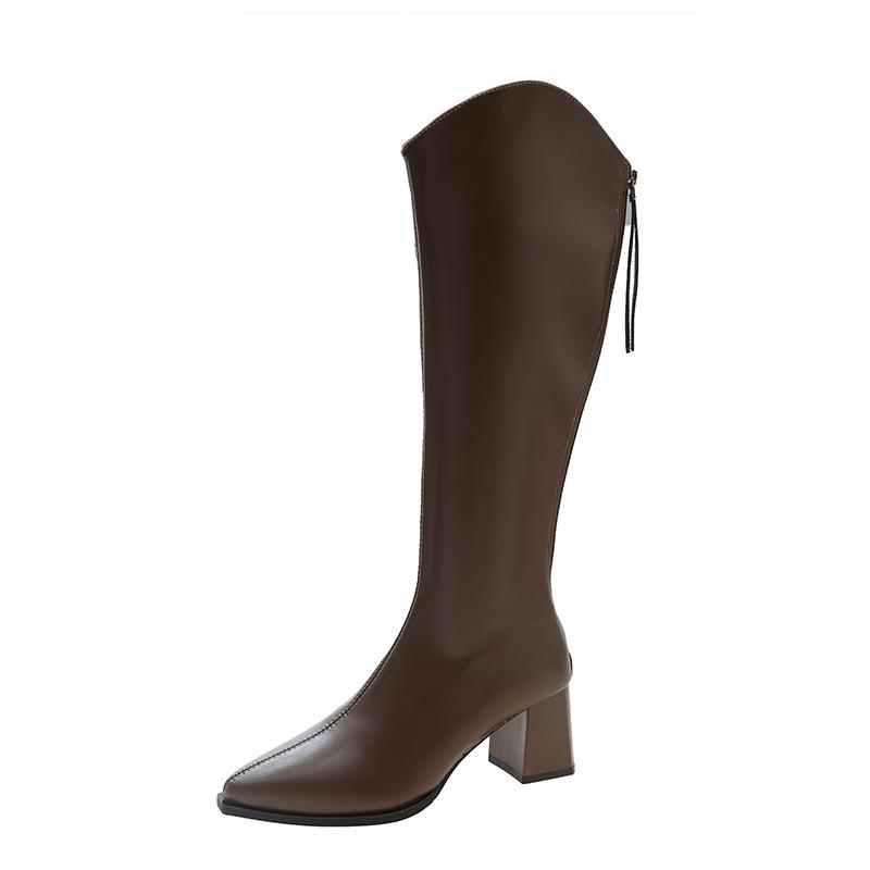 French temperament V pointed head medium heel women's rear zipper high boots knight boots imitation leather thin thick heel mouth high tube