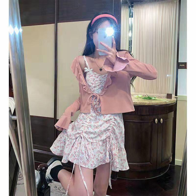 New Arrival Autumn Women’s Floral Dress Set: Slip Dress, Knit Cardigan & Waist-Cinched Skirt